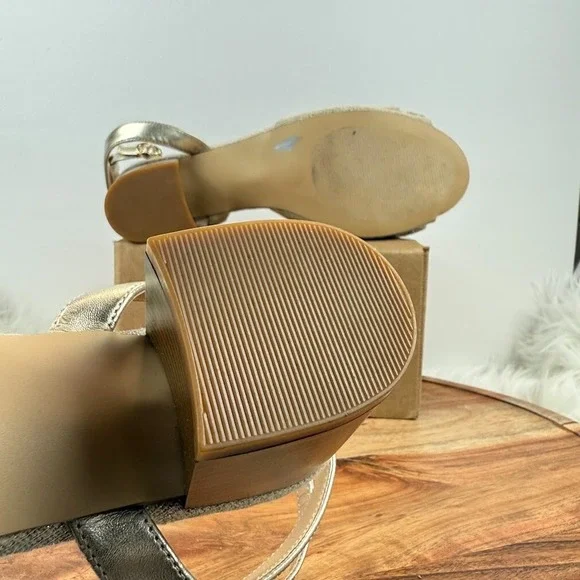 LOFT Beige Woven Bow Block Heel Ankle Strap Sz 9.5M Sandals Gold Shimmer Party - Picture 7 of 12